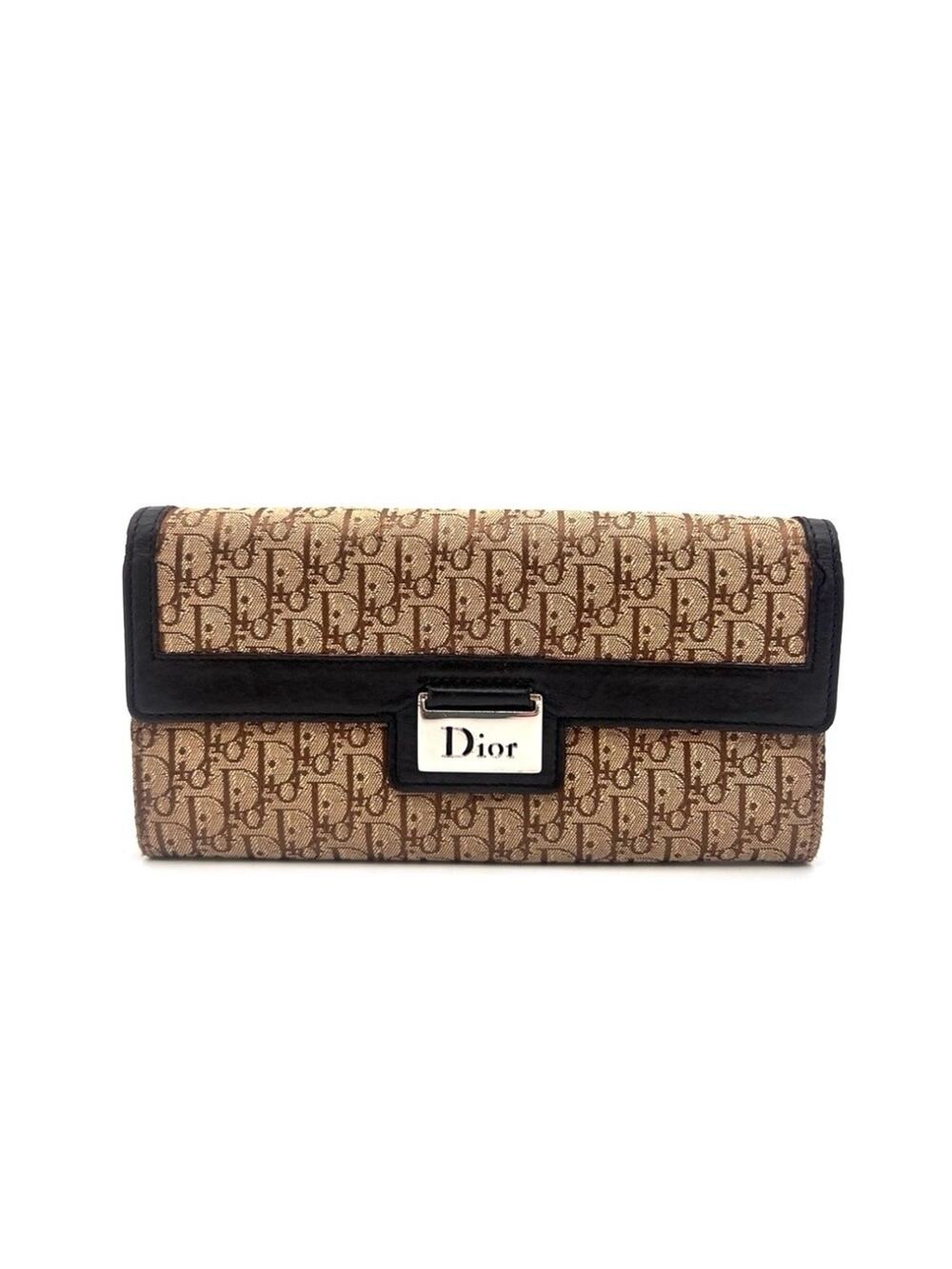 Authentic Christian DIOR Canvas x Leather Monogram Folding Long Wallet